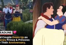 Pareja de adultos mayores se vuelve viral por ir a Disneylandia, en su aniversario, disfrazados de Blancanieves y su príncipe